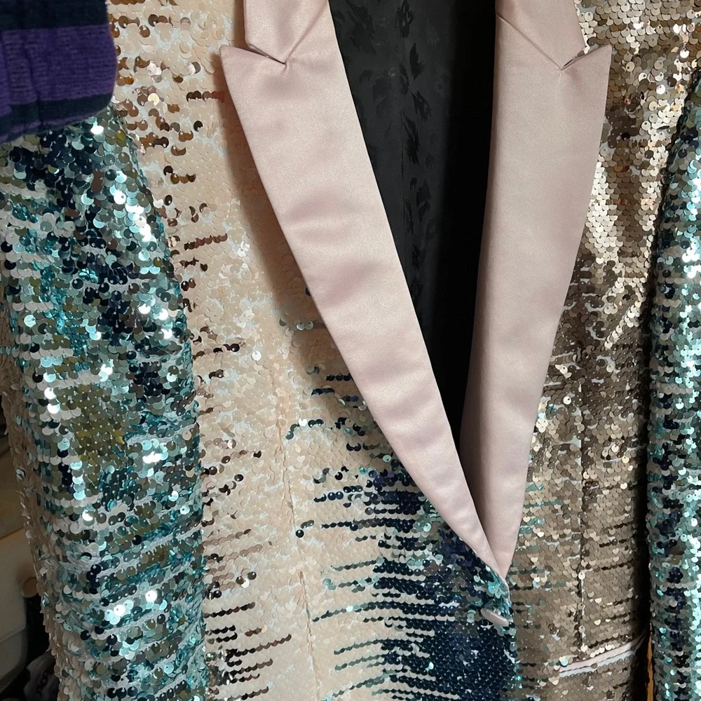 ASOS Iridescent Sequin Blazer with Pink Satin Lapel